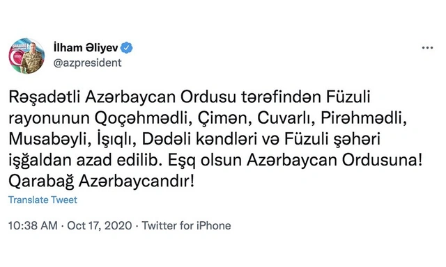 Vətən müharibəsinin 21-ci günü - Füzuli şəhəri işğaldan azad edilir