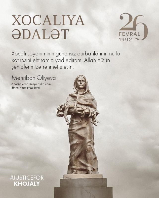 Mehriban Əliyeva Xocalı soyqırımının ildönümü ilə bağlı paylaşım edib