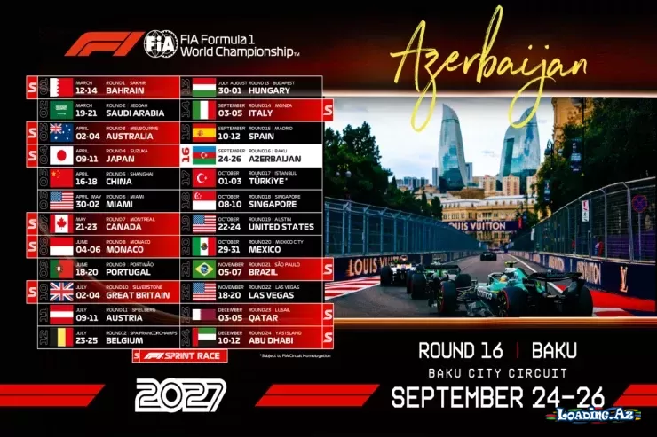 2027-ci il Formula 1 Azərbaycan Qran-prisi yenə sentyabrda olacaq - LoaDinG.Az